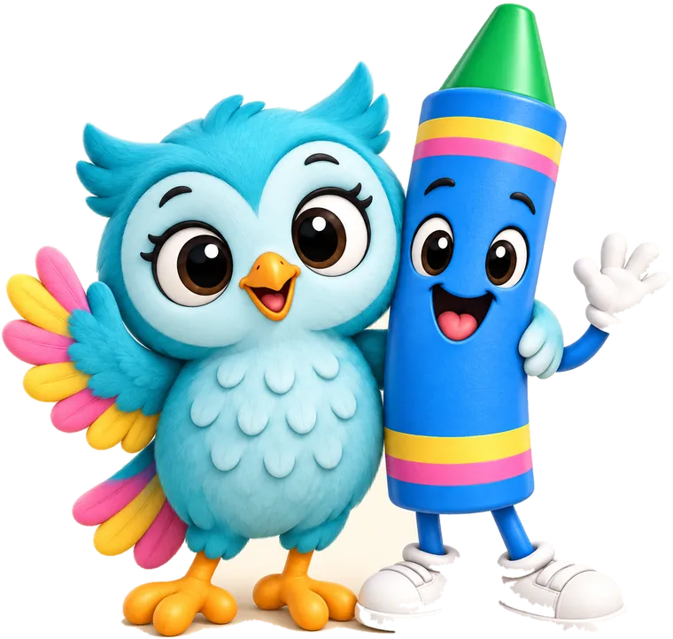 Ollie the Owl and Coco the Crayon waving hello